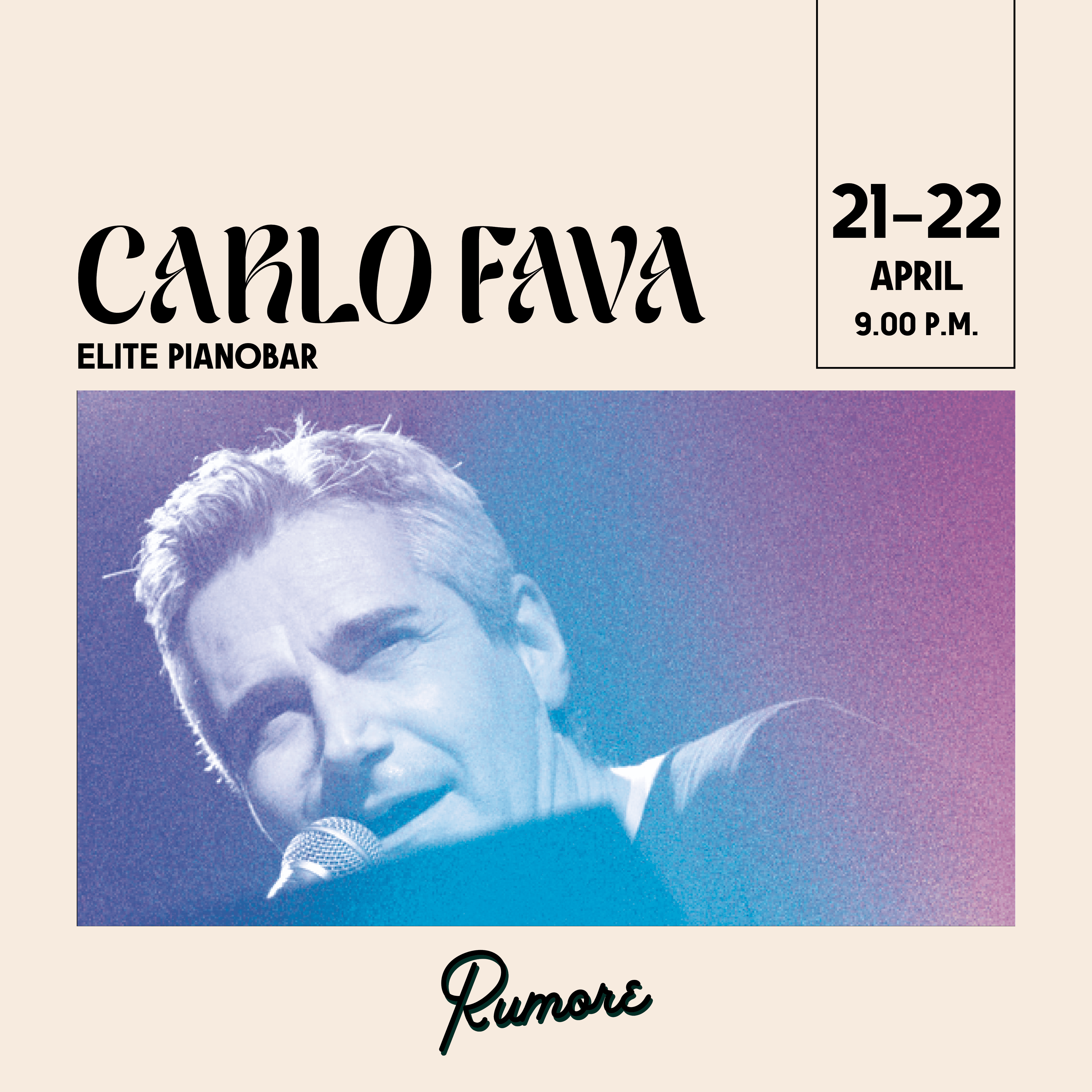 Carlo Fava elite pianobar il 21 e 22 aprile dalle 21.00 al ristorante Rumore